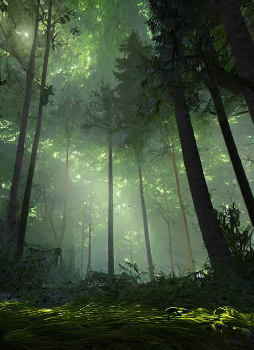 Image similar to strange lights in dark forest ; unreal engine ; wide angle ; highly detailed