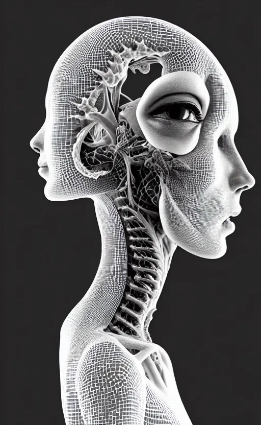 Image similar to a black and white 3D render of a beautiful profile face portrait of a female dragon-cyborg, 150 mm, flowers, Mandelbrot fractal, anatomical, flesh, facial muscles, wires, microchip, veins, arteries, full frame, microscopic, elegant, highly detailed, flesh ornate, elegant, high fashion, rim light, octane render in the style of H.R. Giger and Man Ray