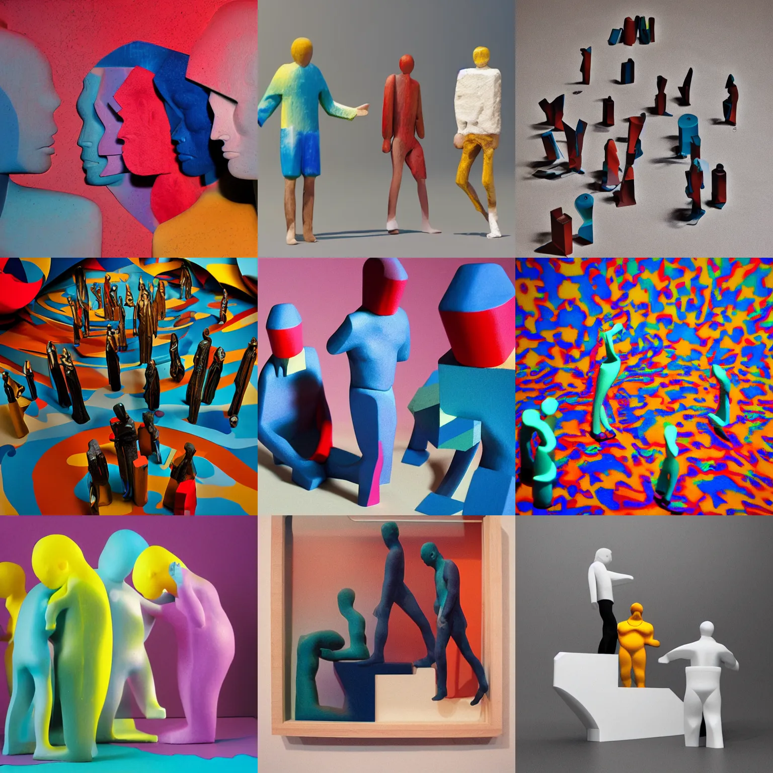 Prompt: abstract art over 3 d meta figurines, lomography