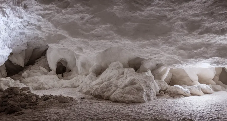 Image similar to white seashell house cave, atmospheric cinematography