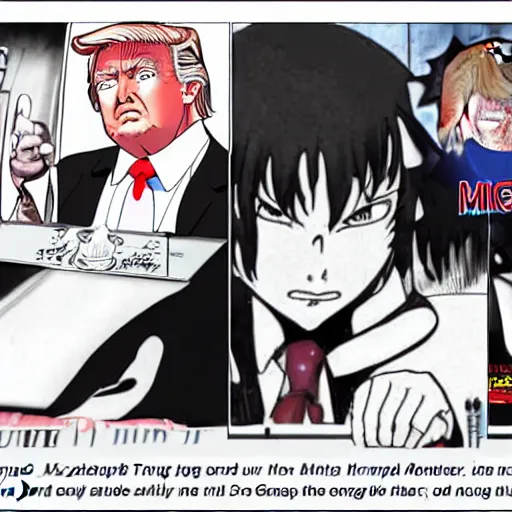 Prompt: Donald trump, a singer in a heavy metal band in a manga by akira and Miyazaki