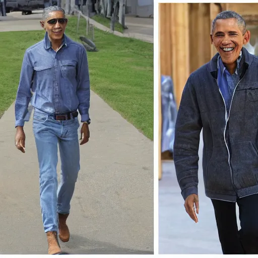 Image similar to barack obama with a fade haircut, wearing ripped jeans