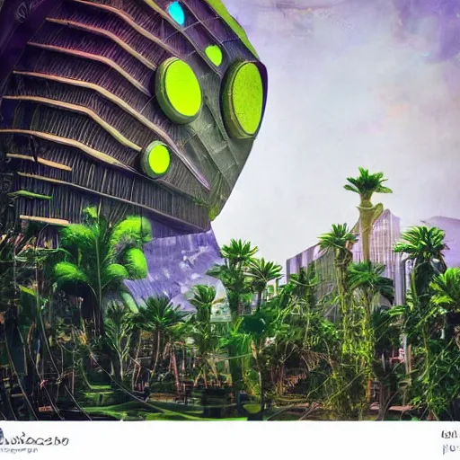 Prompt: dslr kodak, photo of a solar punk lush giant plants city, modern architecture, city color scheme, geometry will draw the soul toward the truth and create the spirit of philosophy, galactic nebula, surrealist oil painting