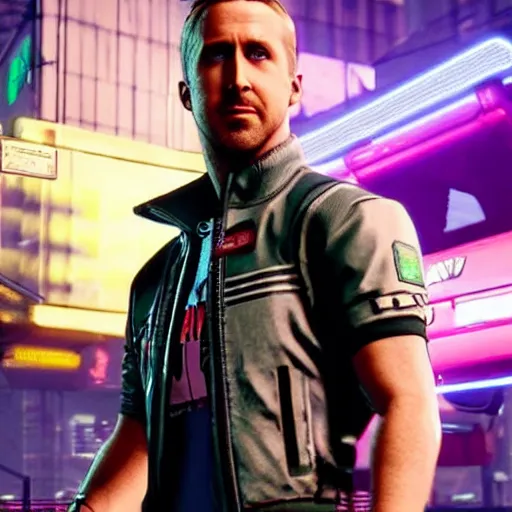 Image similar to ryan gosling in the game cyberpunk 2 0 7 7 as a getaway driver