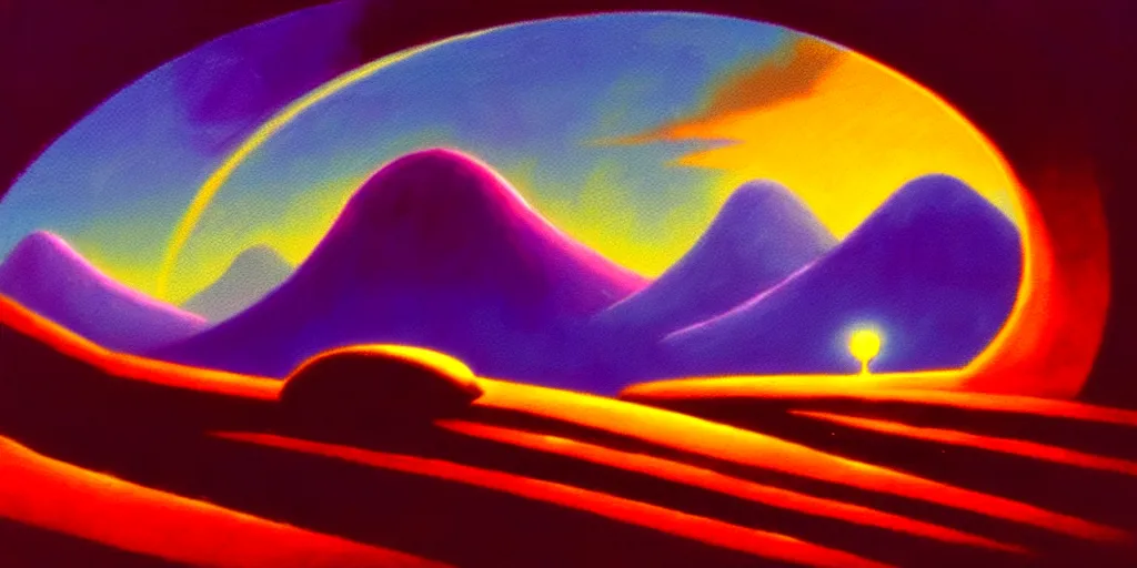 Image similar to a curved perspective cartoon paul lehr narrow night landscape with farawaymountains