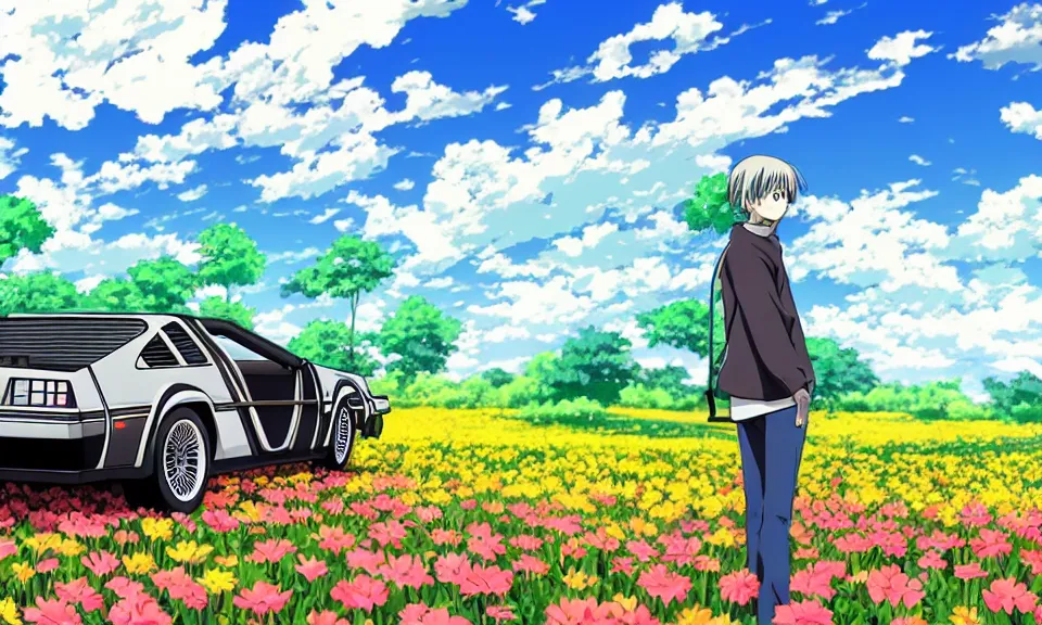 Image similar to a delorean standing in a flower field, anime style