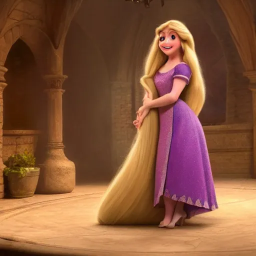 Image similar to Jennette McCurdy as Rapunzel in disney tangled live action, 8k full HD photo, cinematic lighting, anatomically correct, oscar award winning, action filled, correct eye placement,