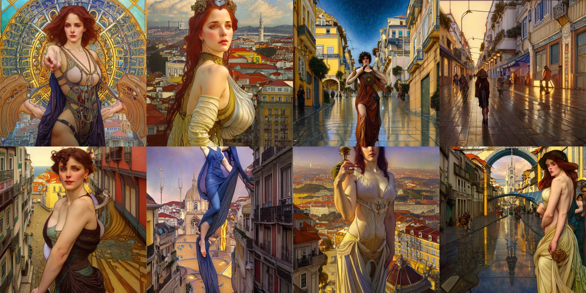 Prompt: The City of Lisbon drawn by Donato Giancola and Tom Bagshaw, streets by Artgerm, overall design by Alphonse Mucha, background by James Jean and Gustav Klimt, light by Julie Bell, 4k, accurate roads, komorebi, french nouveau, trending on artstation, octane render, hyperrealistic, intricate, elegant