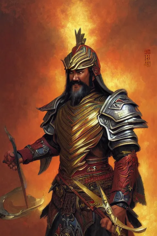 Image similar to attractive male with armor and clothes, guan yu, character design, colorful paint, sweat, painting by gaston bussiere, craig mullins, j. c. leyendecker