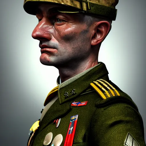 Image similar to A Hearts of Iron IV portrait of a soldier. Highly detailed, fine Art, high detail, great lighting, 8k resolution, masterpiece, concept art, illustration, clear eyes, painting oil on canvas, octane render, HDR, trending on artstation, 4k, 8k, HD