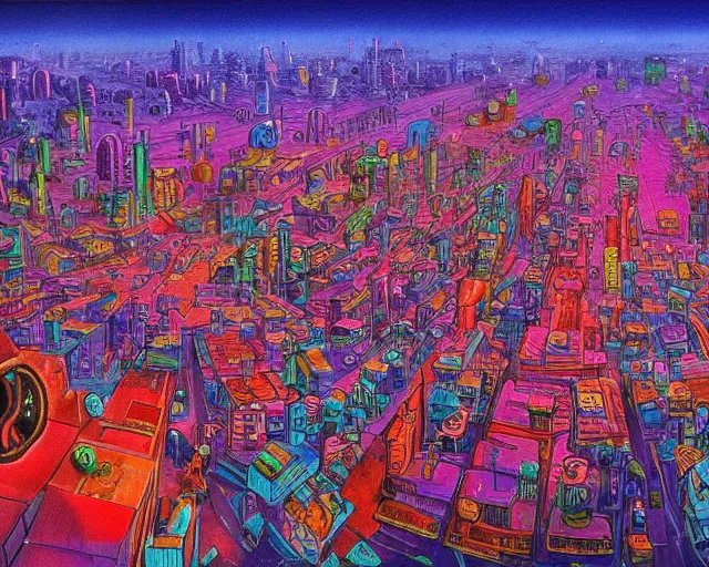 Image similar to surreal colorful nightmarish cityscape, artwork by ralph bakshi