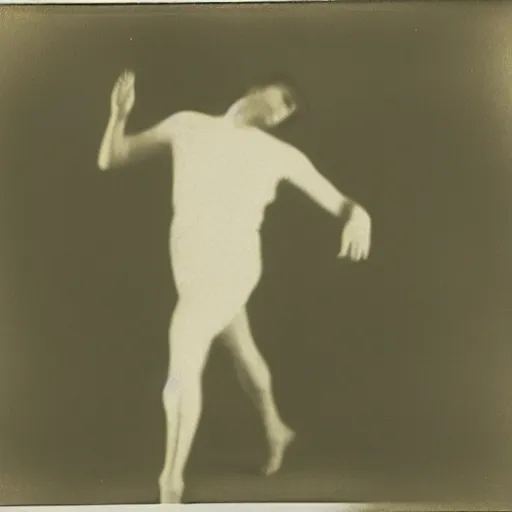 Prompt: a smudged, scratched, grainy and blurry photograph showing the whole body of a man dynamically and frenetically dancing in a dark room twisting his body, edwardian photograph, taken with soviet flash camera at slow shutter speed