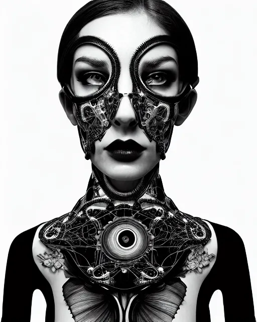 Image similar to black and white masterpiece profile portrait, one steampunk eye silver hexagonal meshes floral biomechanical beautiful young female cyborg, big monocular, volumetric light, hibiscus flowers, by hg giger, rim light, big gothic fashion pearl embroidered collar, 8 k