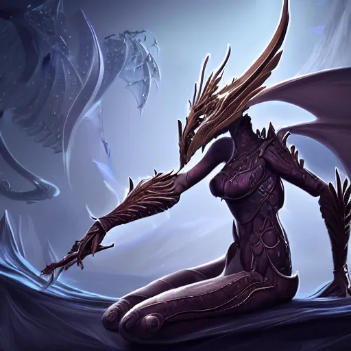 Image similar to highly detailed exquisite fanart, of a beautiful female warframe, but as an anthropomorphic dragon, elegant cinematic pose, sitting on top of a cryopod, epic cinematic shot, sharp clawed perfectly designed hands, with two legs, a long dragon tail from behind, professional digital art, high end digital art, DeviantArt, artstation, Furaffinity, 8k HD render