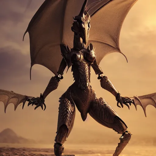 Prompt: a highly detailed beautiful anthropomorphic robot female dragon with smooth and streamlined armor, two arms and two legs, sharp and intimidating claws on her hands and feet, long tail with a blade on the end, doing an elegant pose on the beach, artstation, DeviantArt, professional, octane render