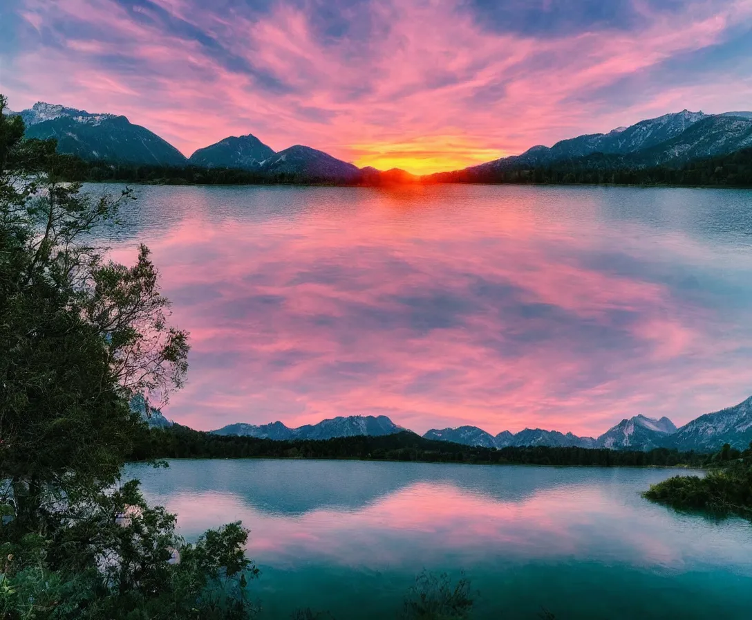 Prompt: wide angle photography, majestic mountains, beautiful lake, lush landscape, pink sky, sunset