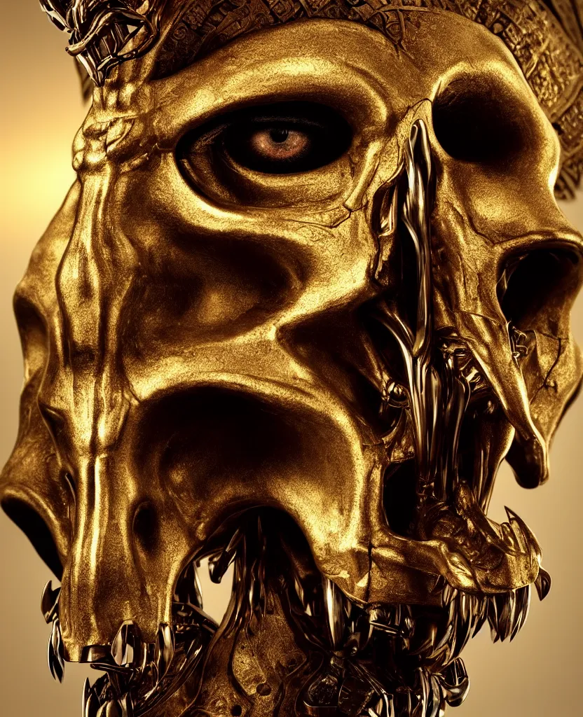 Image similar to Photorealistic epic egyptian god face close-up portrait ram skull, jackal skull, gold. ominous, ancient magic, intricate artwork by Tooth Wu and wlop and beeple and ryohei hase. octane render, trending on artstation, greg rutkowski very coherent symmetrical artwork. cinematic, hyper realism, high detail, octane render, 8k