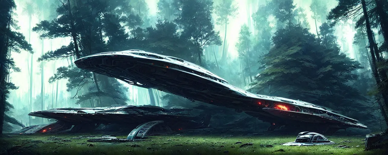 Image similar to a giant spaceship wrecked and lost in the forest, detailed digital art by greg rutkowski.