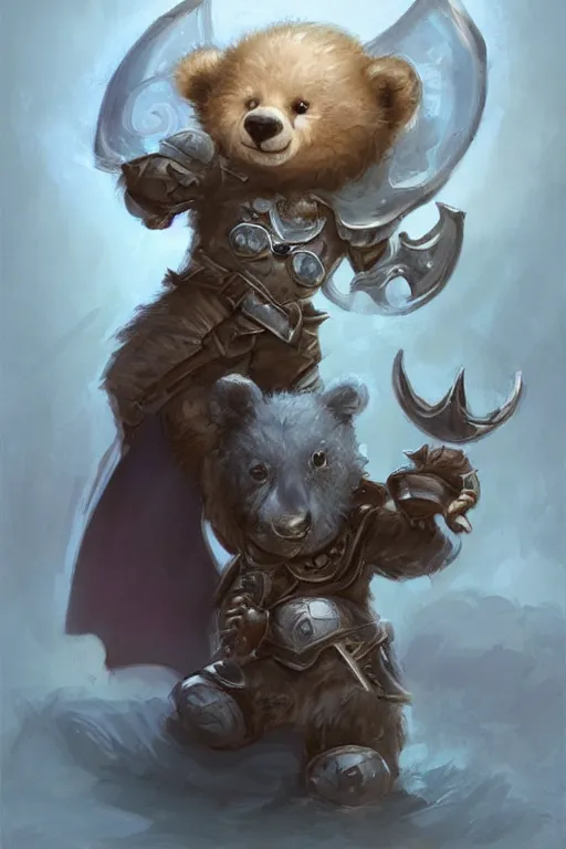 Image similar to cute little anthropomorphic bear knight wearing a cape and a crown, tiny, small, miniature bear, baby animal, short, pale blue armor, cute and adorable, pretty, beautiful, DnD character art portrait, matte fantasy painting, DeviantArt Artstation, by Jason Felix by Steve Argyle by Tyler Jacobson by Peter Mohrbacher, cinematic lighting