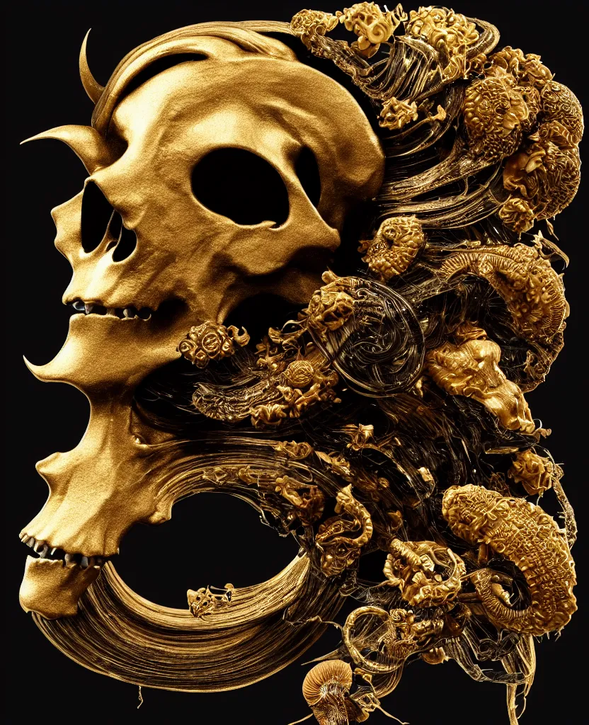 Image similar to black background. goddess princess face close-up portrait ram skull. sculpture made of gold and black charcoal. jellyfish phoenix head, nautilus, orchid, skull, betta fish, bioluminiscent creatures, intricate artwork by Tooth Wu and wlop and beeple. octane render, trending on artstation, greg rutkowski very coherent symmetrical artwork. cinematic, hyper realism, high detail, octane render, 8k