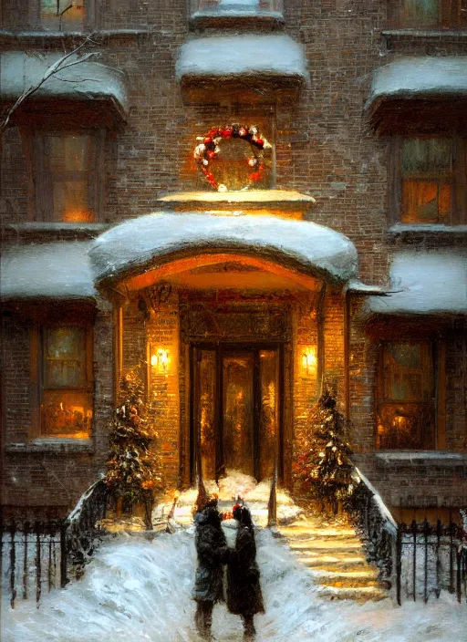 Prompt: new york apartment building in winter, wreath on door, snow, artwork by gaston bussiere, craig mullins, trending on artstation