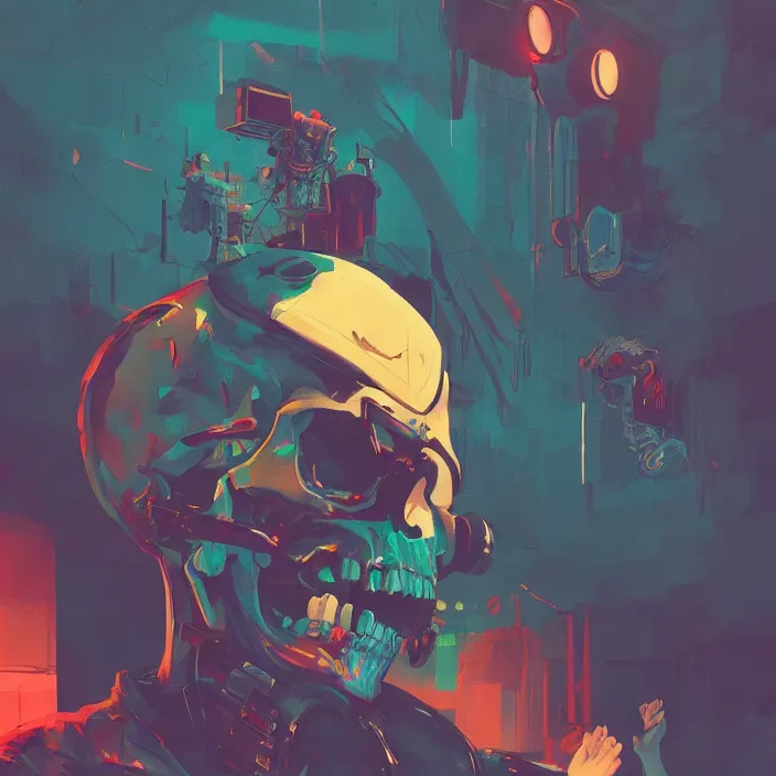 Prompt: a colorful comic noir illustration painting of a cyberpunk skull by sachin teng and sergey kolesov and ruan jia and heng z. graffiti art, sci fi, hyper detailed. octane render. trending on artstation