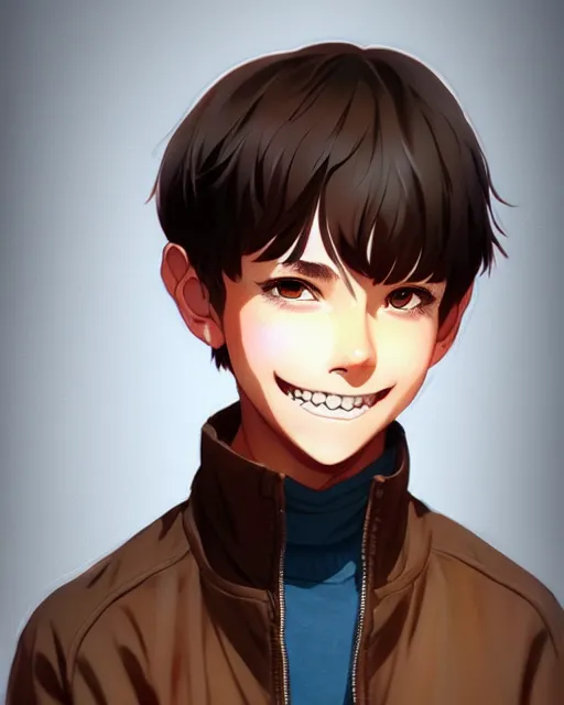 Image similar to teen boy with short chopped brown hair, bangs, unibrow, nerdy smile, portrait shinkai makoto studio ghibli studio key hideaki anno sakimichan stanley artgerm lau rossdraws james jean marc simonetti elegant highly detailed digital painting artstation pixiv