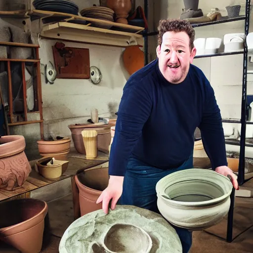 Image similar to johnny vegas making a very very big teapot out of wet clay, on a pottery wheel, art school, artist, studio, performance, photorealistic