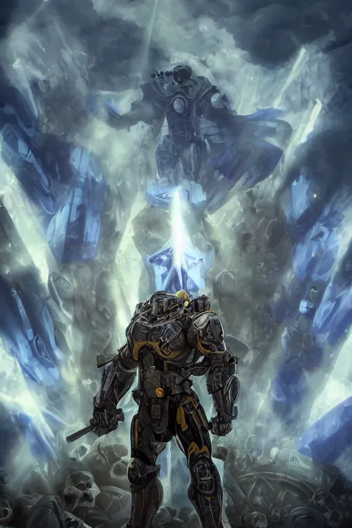 Image similar to a full body shot from distance of a super soldier with a Ukrainian blue and yellow stripes flag standing in the beam of light from the clouds on a pile of skulls and rotten cars as a winner, masculine figure, D&D, fantasy, intricate, elegant, highly detailed, digital painting, artstation, concept art, matte, sharp focus, symmetrical, illustration, hyperrealistic, art by Artgerm and Greg Rutkowski and Alphonse Mucha