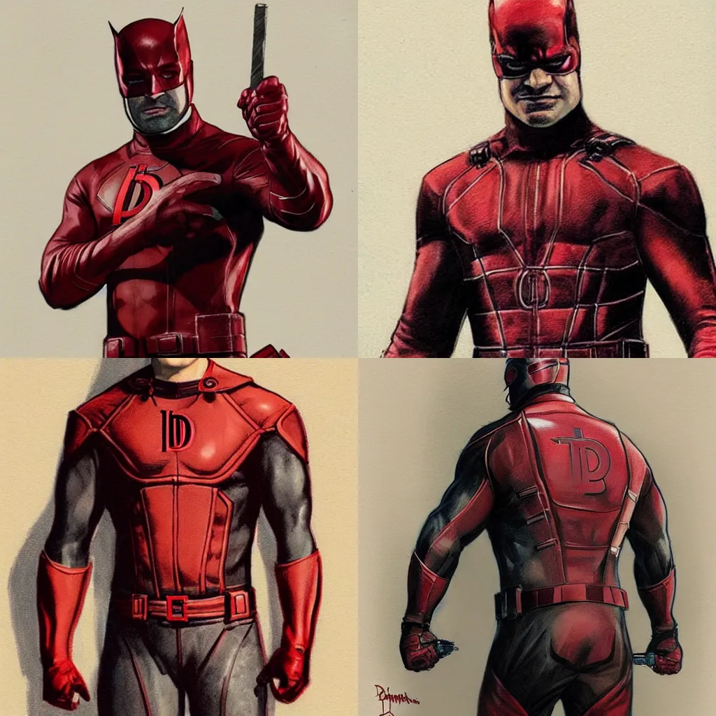 Image similar to daredevil concept art leather suit billy stick painted by jc leyendecker