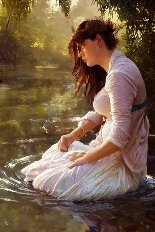 Image similar to rural pregnant woman doing laundry on river, portrait, elegant, intricate, digital painting, artstation, concept art, smooth, sharp focus, illustration, art by artgerm and greg rutkowski and alphonse mucha