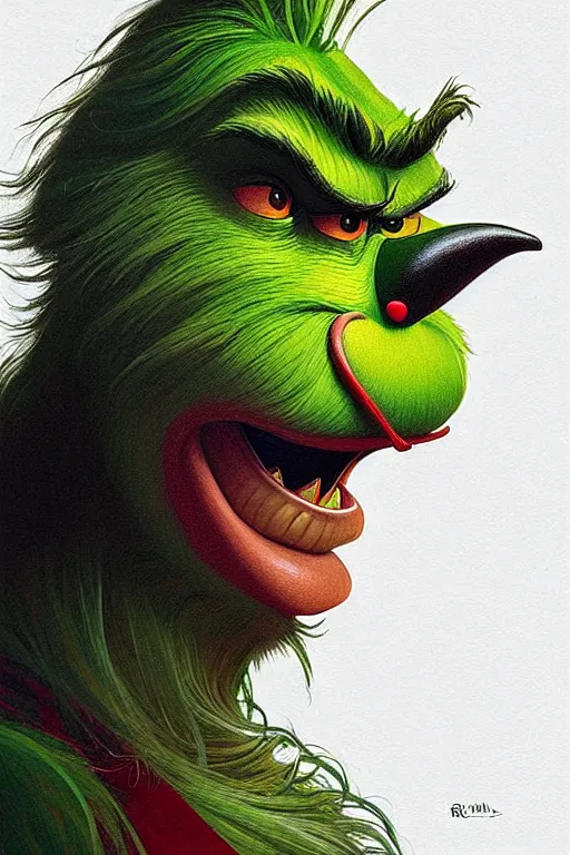 Image similar to symmetry!! intense fanart of 3 / 4 front pose of the grinch, protagonist, intricate,, highly detailed, my rendition, digital painting, artstation, concept art, perfect, smooth, sharp focus, illustration, art by artgerm and greg rutkowski and alphonse mucha