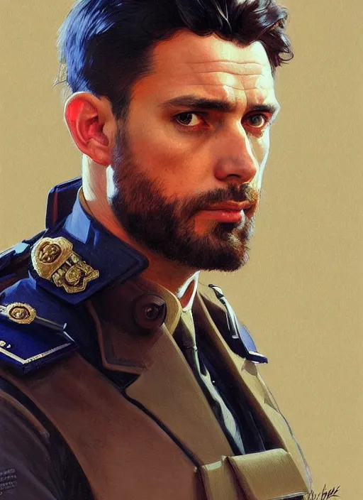 Image similar to portrait of stoic looking jean - pierre pernaut - 3 3 ans avec vous, full body, police uniform, intricate, hivis, elegant, beautiful, highly detailed, digital painting, artstation, concept art, smooth, sharp focus, illustration, art by artgerm and greg rutkowski and alphonse mucha