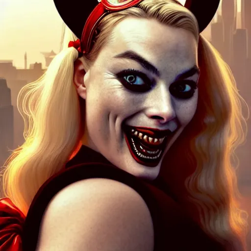 Prompt: perfectly-centered-Portrait of margot robbie as harley quinn licking a mouse, gotham city backround, intricate, elegant, super highly detailed, professional digital painting, artstation, concept art, smooth, sharp focus, no blur, no dof, extreme illustration, Unreal Engine 5, 8K, art by artgerm and greg rutkowski and alphonse mucha and loish and WLOP