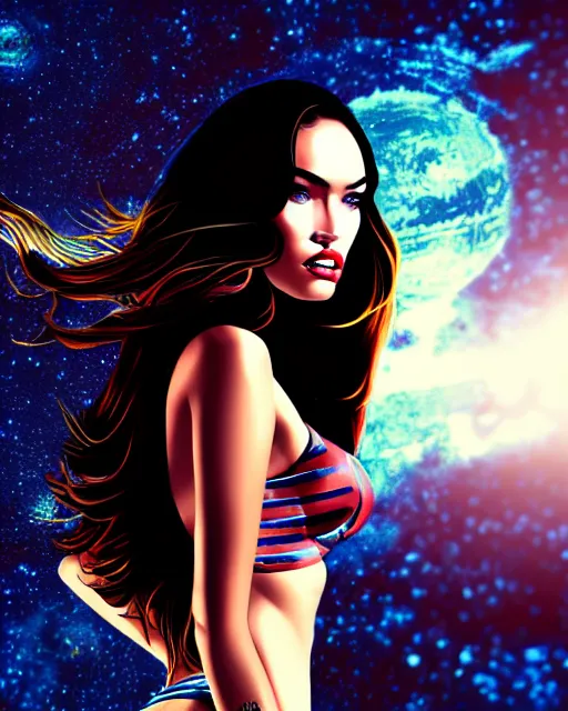 Image similar to closeup beautiful retro space megan fox varga girl, posing on a chrome space ship in diesel punk city, windblown dark hair, seductive, hyper detailed, digital art, smooth, sharp focus,