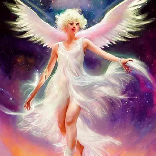 Prompt: harmony of twirly white haired angel yoongi wearing sparkly shiny greek clothes, muted colors, nebula background, neon sparkles everywhere, big wings, dynamic hair movement, + + + + dynamic pose, holographic space, glowing effect, j. c leyendecker, by alan lee, wlop! illustrated by starember, fantasy art by craig mullins