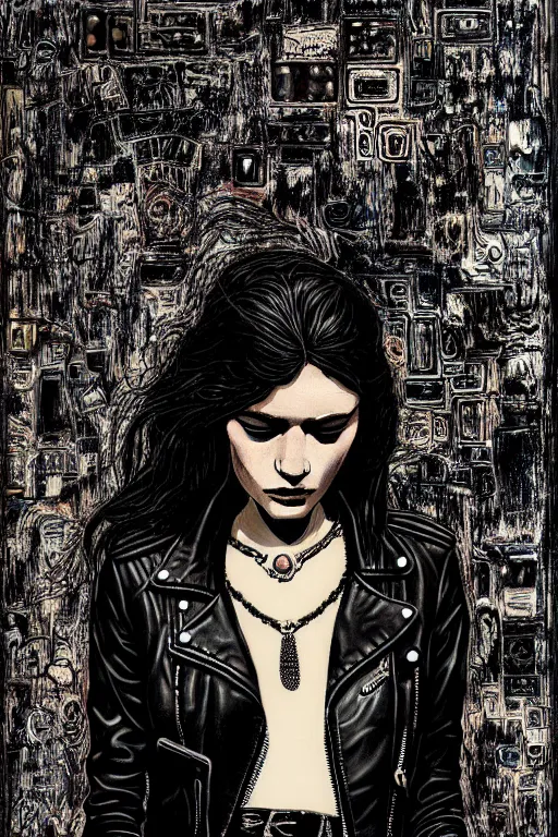 Image similar to dreamy rock girl, black leather jacket, detailed acrylic, grunge, intricate complexity, by dan mumford and by alberto giacometti, peter lindbergh