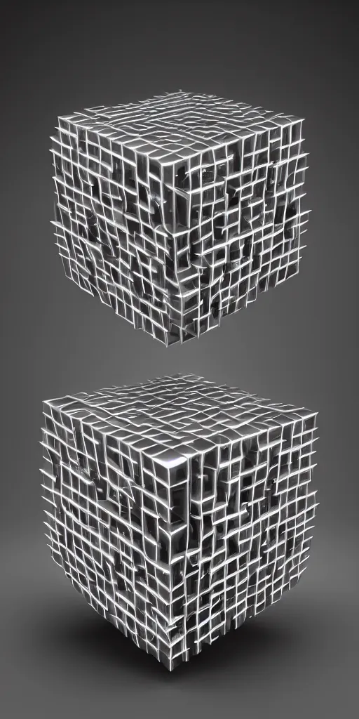 Image similar to 3 d photographic render of a cube sculpture made of chrome, neon circles around, chrometype, made of liquid metal, neotribal with thorns and thunders, raytracing, hyper realistic, volumetric lightning, 8 k, by zhelong xu and ouchh studio