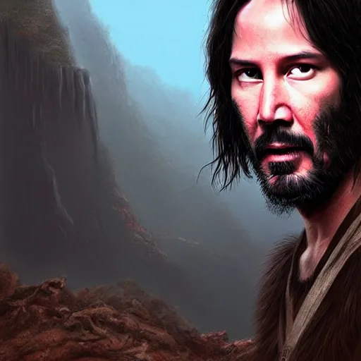 Prompt: keanu reeves as a cave man , digital art , hyperdetailed , trending on artstation , matte painting , CGSociety , pinterest