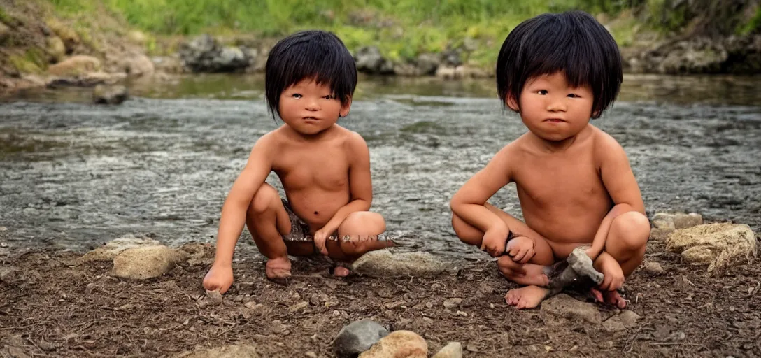 Prompt: a full - body portrait of little asian cuties caveman, have 3 times oversized head, make stone tools at the river bank, a colorized photo, colorized, # film, movie still