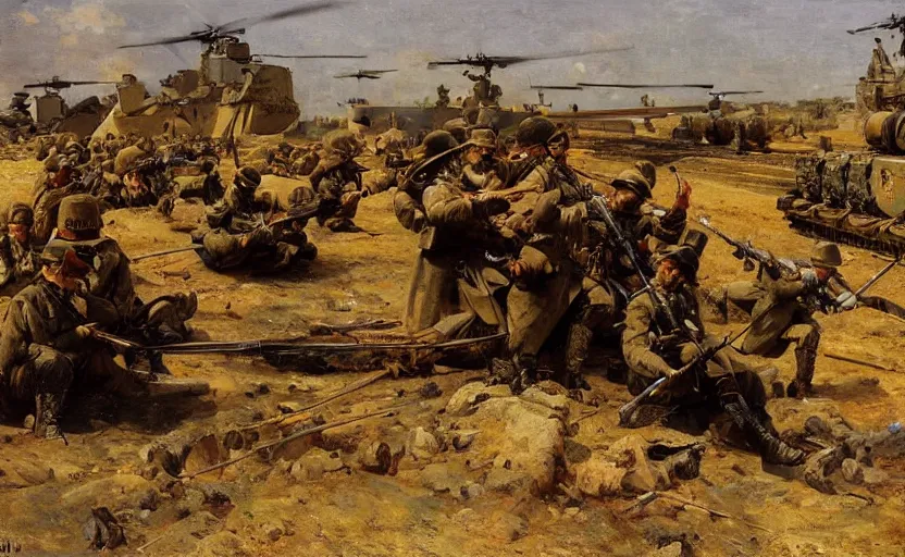 Prompt: high quality high detail painting by ilya repin, soldiers and tanks and choppers, hd