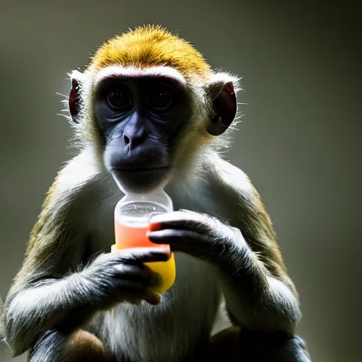 Image similar to Monkey drinking Capri Sun juice, low light, photo taken at night,