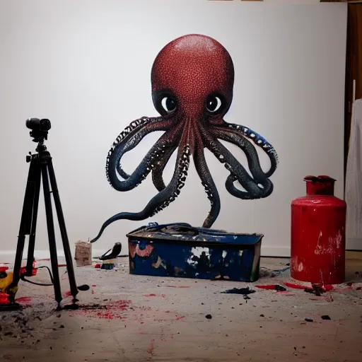 Image similar to a clean studio photography set, there is a bucket of red paint and it has just viciously exploded, there is paint EVERYWHERE, but not on the octopus, he is hiding, incredible beautiful ambient light