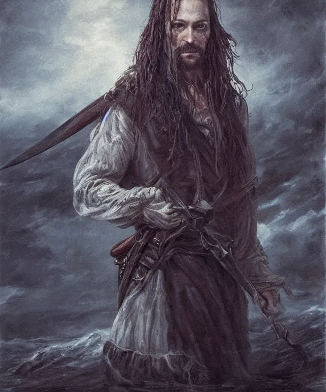 Prompt: ultra realistic color portrait painting of a tranparent 1 7 th century pirate ghost with a sword in a grotto, dark, painted, brooding, atmospheric, seascape, horror, smooth, epic, highly detailed, cinematic, by leesha hannigan, ross tran, thierry doizon, kai carpenter