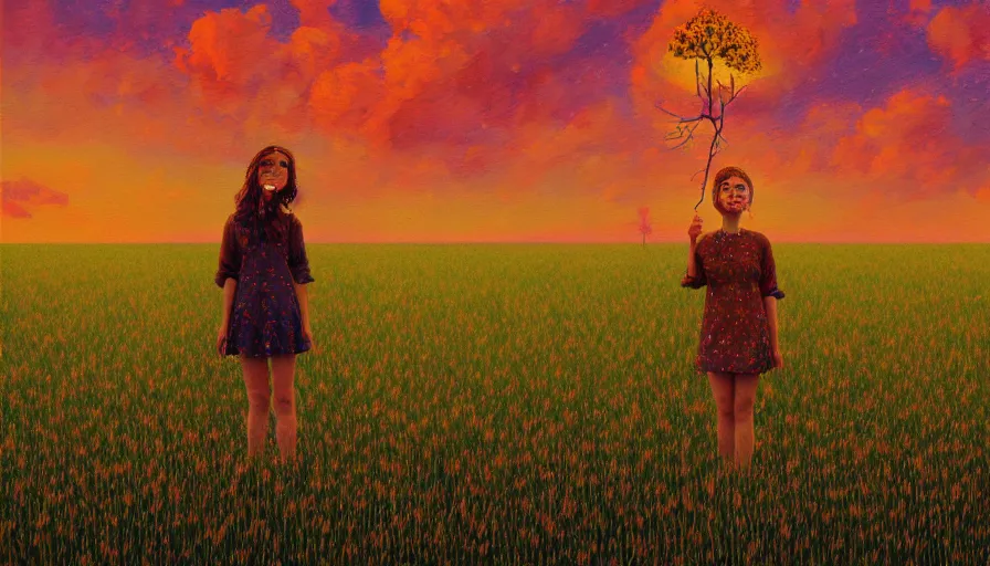 Image similar to flower face, full body, girl in empty wheat field, surreal photography, colorful clouds, tree, impressionist painting, colorful clouds, digital painting, pointillism, sunset, artstation, simon stalenhag