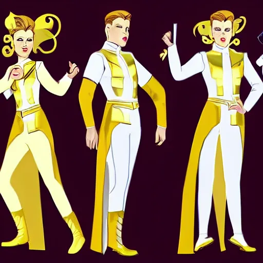 Prompt: character concept art of stoic heroic emotionless handsome blond butch tomboy woman with very short slicked-back hair, in princely white and gold masculine satin uniform with gold cape and boots, romantic, science fiction, atompunk, illustration