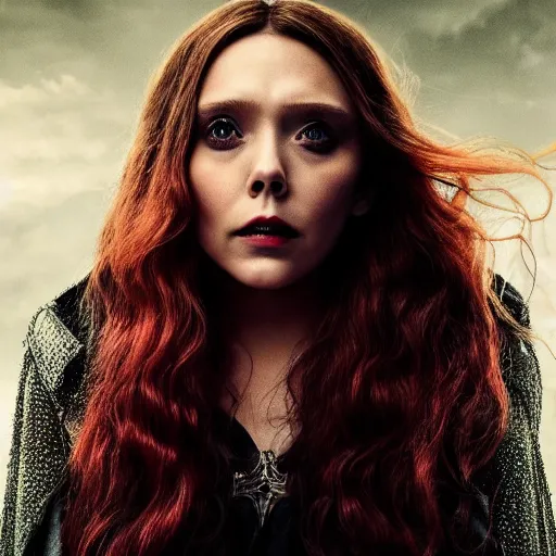 Prompt: movie poster'the scarlet witch'starring elizabeth olsen [ wearing heavily dark emo makeup ]!!, 4 k quality, pinterest movie cover, trending on unsplash