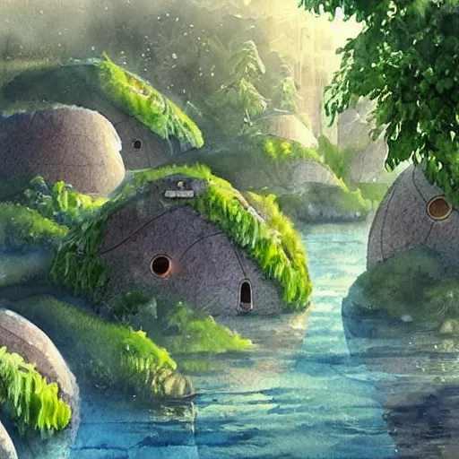 Image similar to beautiful happy picturesque charming sci - fi organic pod - like homes of the future in a beautiful natural scene. water, trees and rocks. beautiful light. soft colour scheme. beautiful artistic detailed watercolor by lurid. ( 2 0 2 2 )