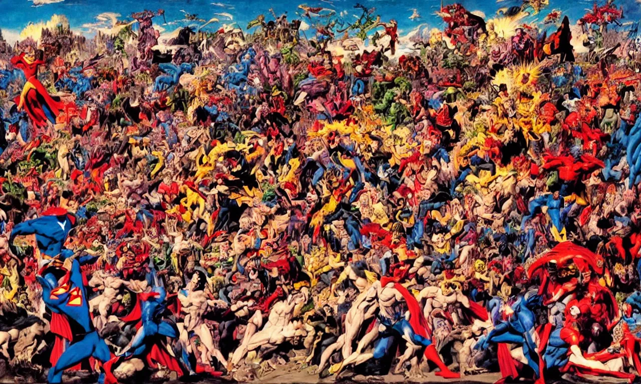 Prompt: superheroes in a moshpit having a lot of fun, very detailed, by steve ditko, frank frazetta, boticelli, realistic oil painting, very dynamic, cool lighting with sunset in the background, metal band on stage
