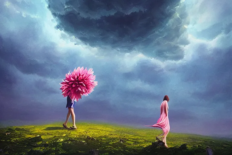 Image similar to giant dahlia flower over head, girl walking on mountain, surreal photography, stars, dramatic light, impressionist painting, storm clouds, digital painting, artstation, simon stalenhag